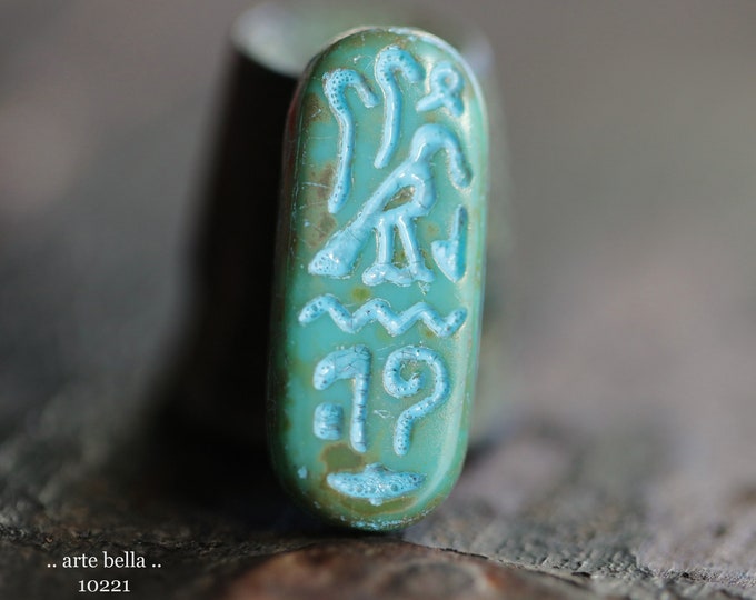BLUE MOSS EGYPTIAN Cartouche .. 6 Premium Picasso Czech Glass Tablet Beads 25x10mm (10221-st) .. jewelry supplies
