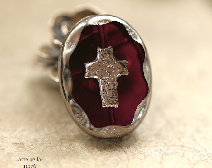 New .. SILVERED PLUM CROSSES .. 2 Premium Czech Glass Oval Cross Bead Mix 25x19mm (11176-2) .. jewelry making supplies
