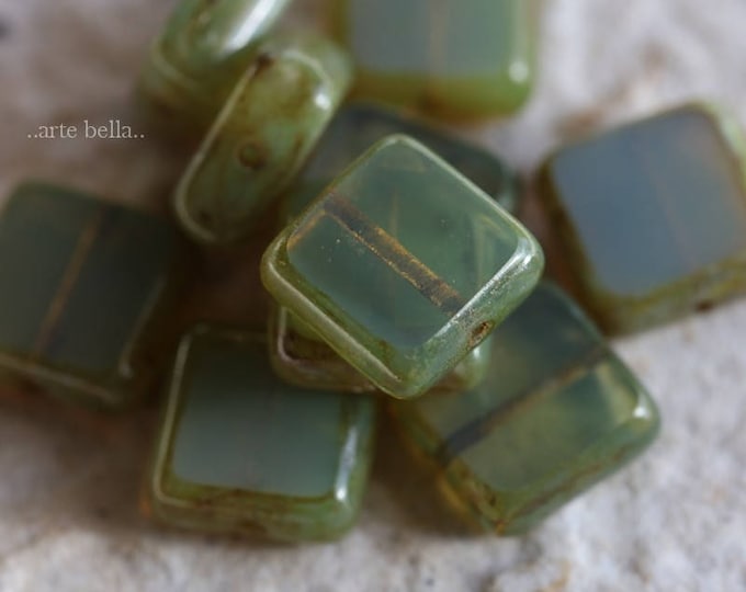back in stock .. EARTHY OLIVE SQUARE Mix .. 15 Premium Picasso Czech Glass Square Beads 11x5mm (1002-st) .. jewelry supplies