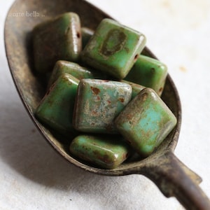 premium glass beads .. EARTHY PATINA SQUARES .. 15 Picasso Czech Glass Square Tile Beads 10mm (66-st) .. jewelry supplies