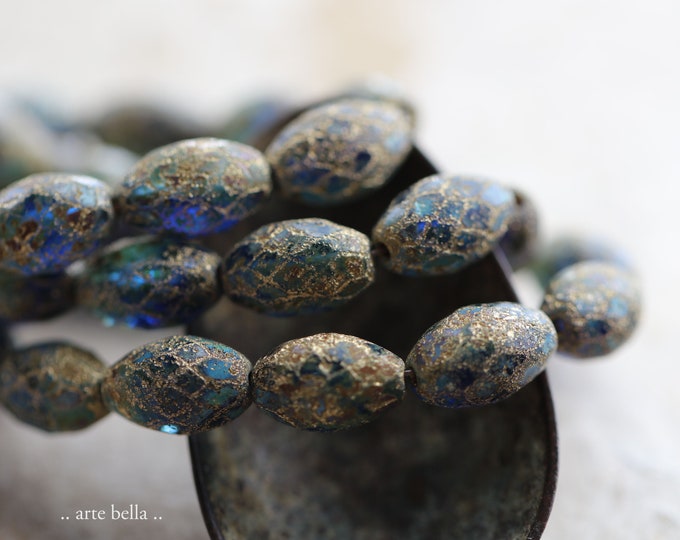 Rustic GOLDEN PACIFIC OLIVES .. 12 Premium Etched Picasso Czech Glass Faceted Oval Beads 12x8mm (8894-12)