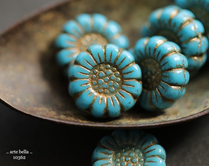 BRONZED CERULEAN SUNFLOWERS .. New 6 Premium Czech Glass Flower Beads 13mm (10362-6)