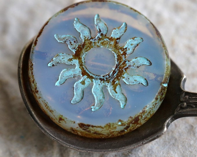 BLUE MILK RAYS .. 1 Premium Picasso Czech Glass Sun Coin Bead 22mm (7625-1) .. jewelry supplies