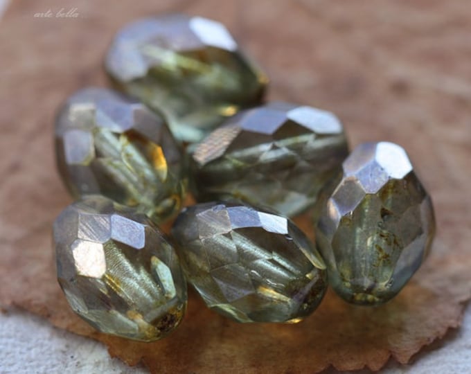 PLUMP PINE OLIVES .. 10 Premium Luster Picasso Czech Glass Faceted Oval Beads 13x10mm (2131-10) .. jewelry supplies