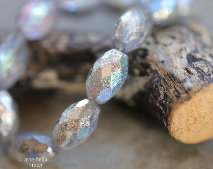 New .. MYSTIC SILVER OLIVES .. 12 Premium Rustic Etched Czech Glass Faceted Olive Beads 12x8mm (11241-st) .. jewelry making supplies