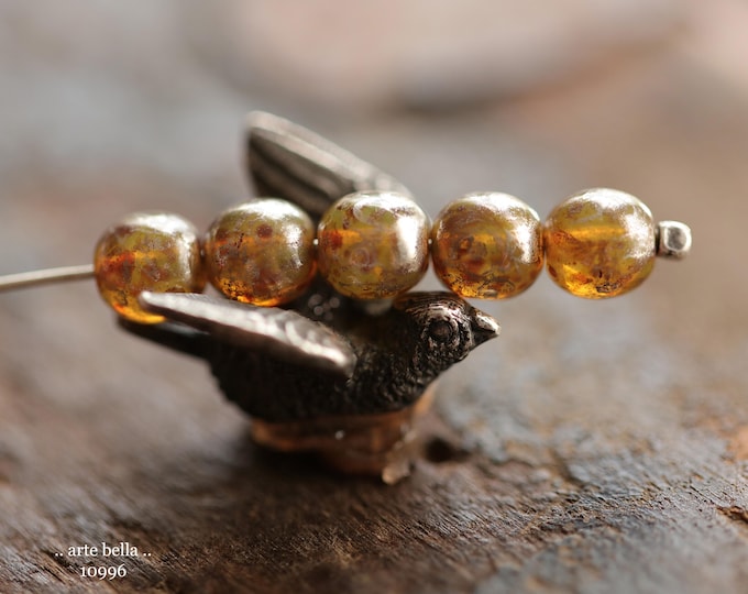 SILVERED AMBER DRUKS .. New 50 Premium Luster Picasso Czech Glass Druk Beads 6mm (10996-50) .. jewelry supplies
