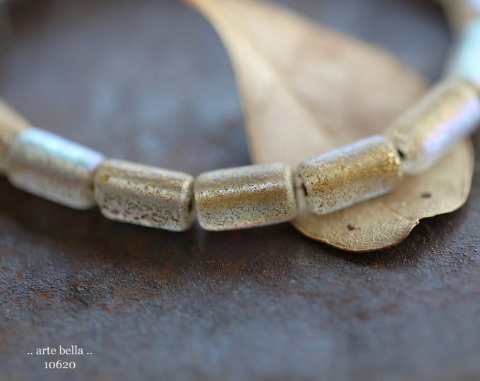 MYSTIC GOLD Bebe TUBES .. 16 Premium Czech Etched Glass Tube Beads 9x5mm (10620-st) .. jewelry supplies