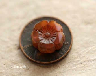 PEACHY SALMON PANSY .. 6 Premium Picasso Czech Glass Hibiscus Flower Beads 12mm (9949-6) .. jewelry supplies