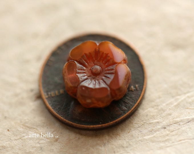 PEACHY SALMON PANSY .. 6 Premium Picasso Czech Glass Hibiscus Flower Beads 12mm (9949-6)