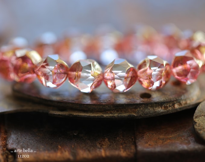 GOLDEN PEACHY PINK Nuggets .. New 15 Premium Czech Glass Baroque Central Cut Beads 9mm (11202-st) .. jewelry making supplies