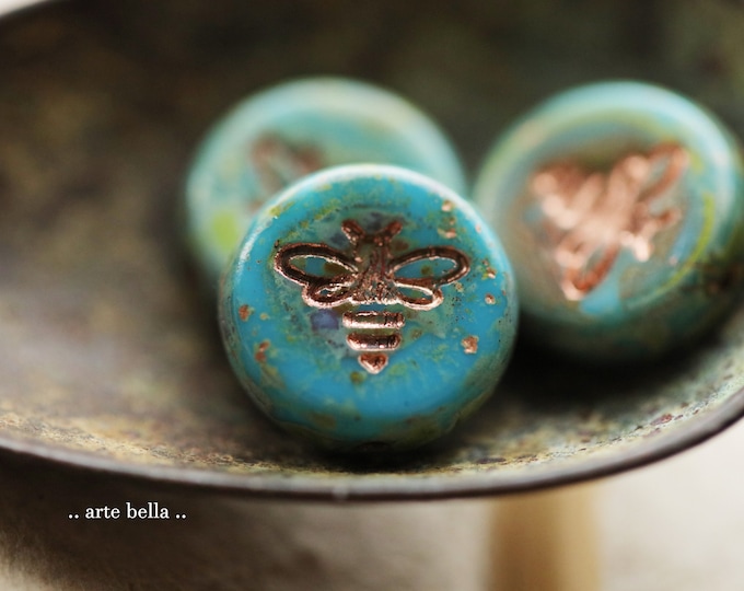 COPPERED BLUE BIZZY B .. New 6 Premium Picasso Czech Glass Bee Coin Beads 12mm (9930-6)