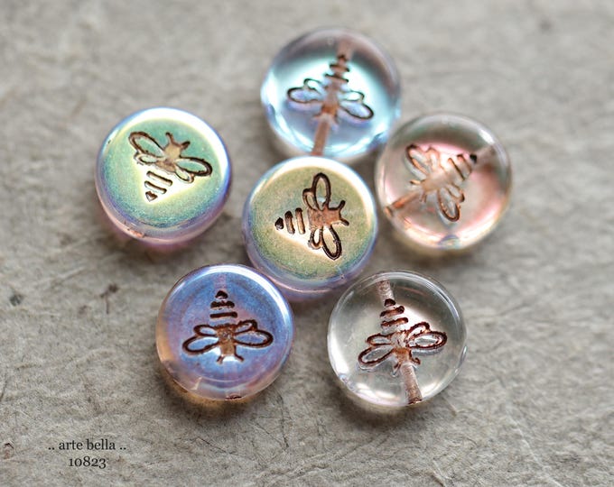MYSTIC BRONZE BIZZY B .. New 6 Premium Czech Glass Bee Coin Bead Mix 12mm (10823-6) .. jewelry supplies