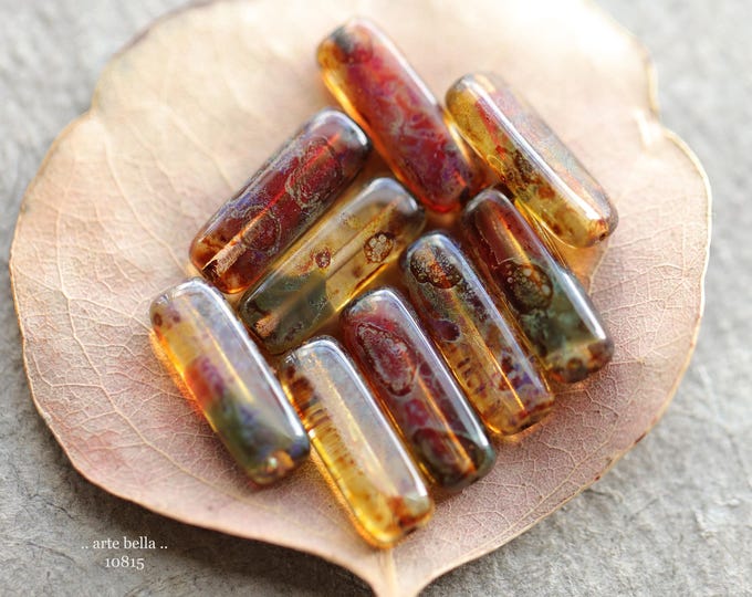 EARTHY FOREST STICK Mix .. New 14 Premium Picasso Czech Glass Rectangle Tube Beads 15x5mm (10815-st) .. jewelry supplies