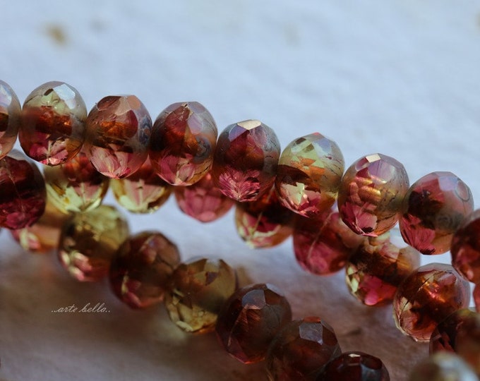 POMEGRANATE PEBBLES .. 25 Premium Picasso Czech Glass Faceted Rondelle Beads 5x7mm (4993-st)