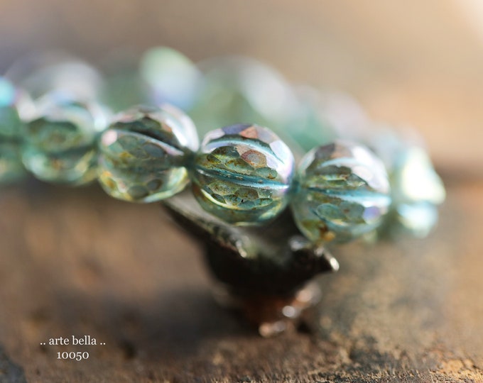 Earthy MYSTIC BLUE GLITZ .. 12 Premium Picasso Czech Glass Faceted Melon Beads 10mm (10050-st) .. jewelry supplies