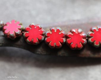 premium glass beads .. RED BLOOMS .. 25 Picasso Czech Glass Cactus Flower Beads 9x3mm (3590-st) .. jewelry supplies