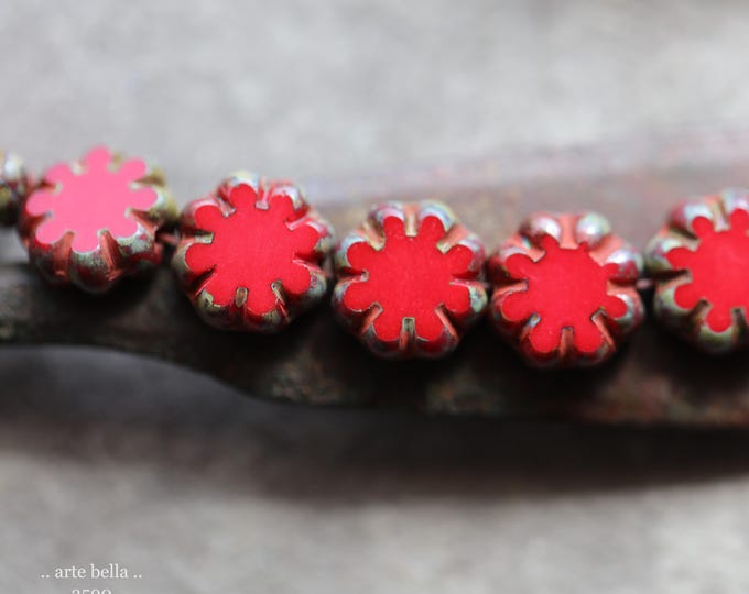 RED BLOOMS .. 25 Premium Picasso Czech Glass Cactus Flower Beads 9x3mm (3590-st) .. jewelry supplies