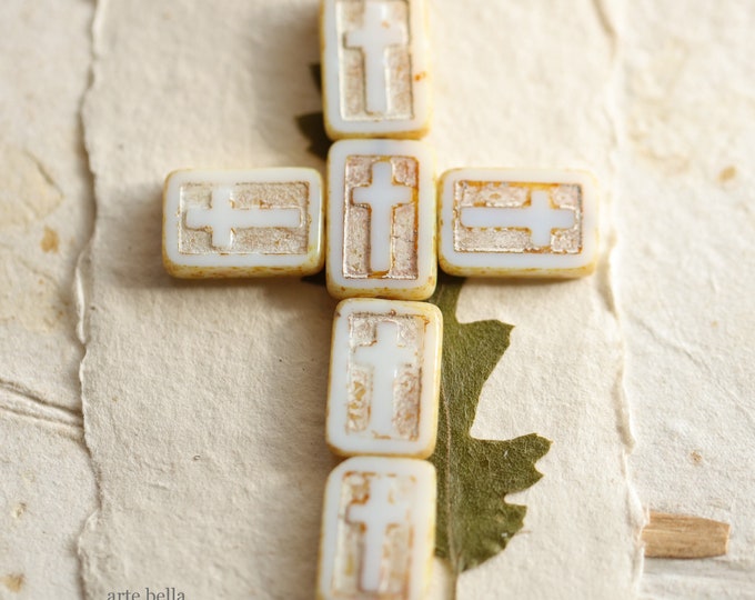 EARTHY WHITE CROSSES No. 1 .. 6 Premium Picasso Czech Glass Rectangle Cross Beads 17x12mm (10151-6) .. jewelry supplies