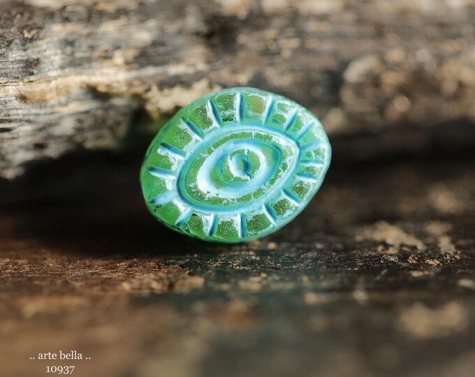 BLUE APPLE PEEPERS .. New 6 Premium Matte Czech Glass Mystic Eye Beads 14x11mm (10937-6) .. jewelry supplies