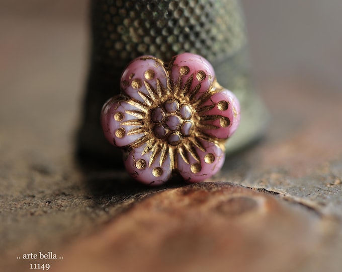 BRONZED PINK ROSES .. 6 Premium Czech Glass Wild Rose Beads 14mm (11149-6) .. jewelry making supplies