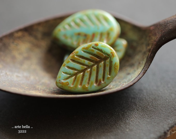 back in stock .. MOSSY BLUE ASPEN .. 8 Premium Picasso Czech Glass Leaf Beads 16x12mm (3222-8) .. jewelry supplies