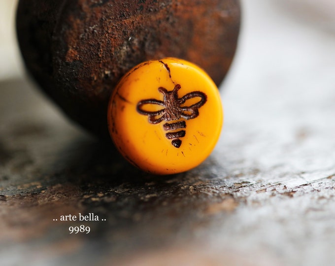 BRONZED YOLK BIZZY B .. 6 Premium Czech Glass Bee Coin Beads 12mm (9989-6)