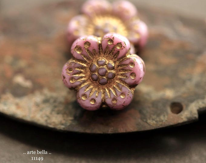 New .. BRONZED PINK ROSES .. 6 Premium Czech Glass Wild Rose Beads 14mm (11149-6) .. jewelry making supplies