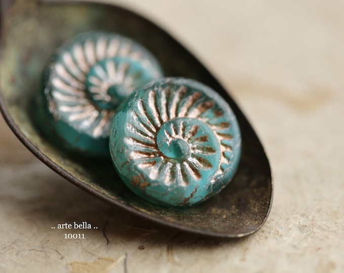 BLUSHING TEAL FOSSIL .. 4 Premium Czech Glass Spiral Fossil Beads 19mm (10011-4) .. jewelry supplies