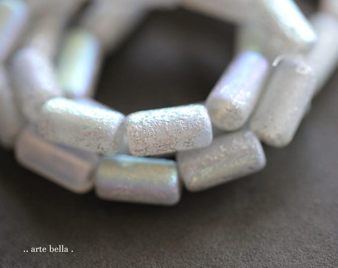 back in stock .. SILVERED MYSTIC MOON Tubes .. 10 Premium Etched Czech Glass Tube Beads 14x7mm (9484-st) .. jewelry supplies