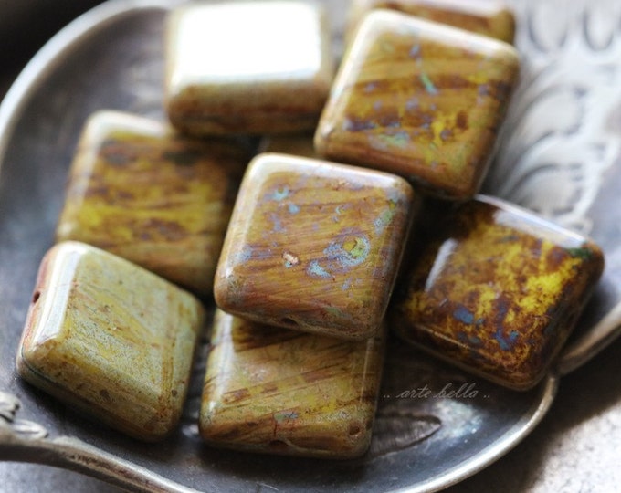 back in stock .. EARTHY LICHEN SQUARES .. 15 Premium Picasso Czech Glass Square Beads 10.5mm (4970-st) .. jewelry supplies