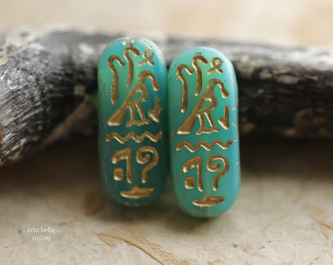 GOLDEN OCEAN EGYPTIAN Cartouche .. New 6 Premium Matte Czech Glass Tablet Beads 25x10mm (10209-st)