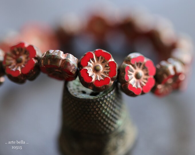 back in stock .. COPPERED SCARLET BLOOMS .. 16 Premium Picasso Czech Glass Hibiscus Flower Beads 9mm (10515-st) .. jewelry supplies