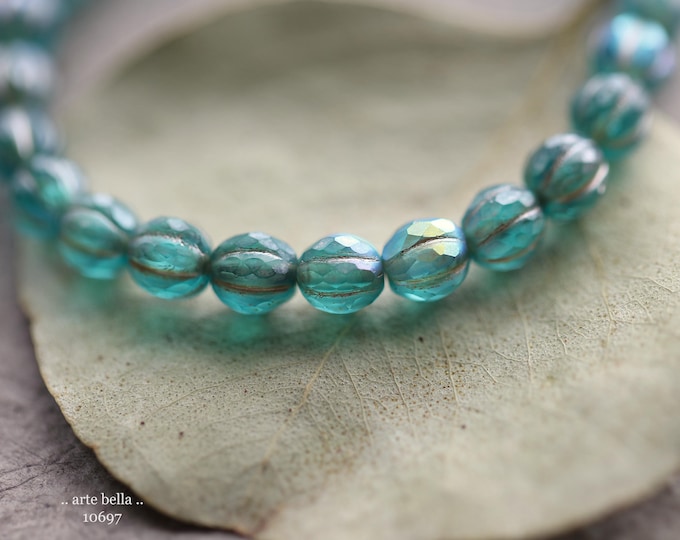 MYSTIC TEAL GLITZ 6mm .. 25 Premium Matte Czech Glass Faceted Melon Beads (10697-st) .. jewelry supplies