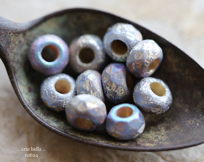 SILVERED MYSTIC ROLLERS .. 10 Premium Etched Czech Glass Large Hole Roller Beads 6x9mm (10624-10) .. jewelry supplies