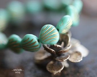 GOLDEN TURQUOISE Bebe SHELLS .. 15 Czech Glass Shell Beads 9mm (10715-st) .. jewelry supplies