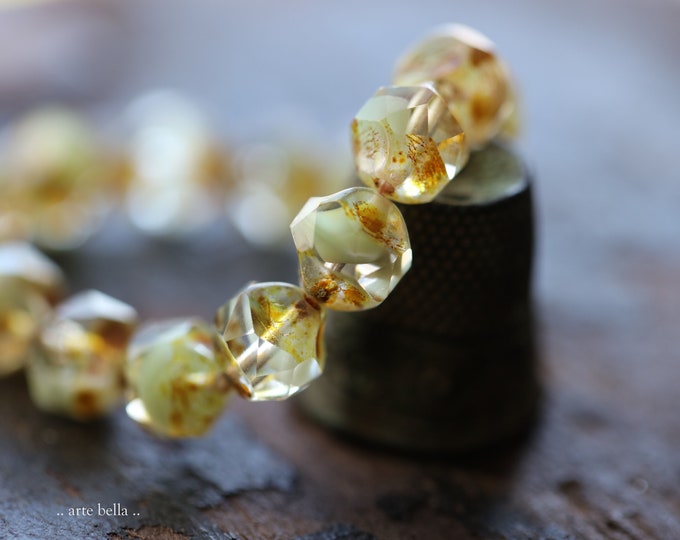 EARTHY MINT NUGGETS .. 15 Premium Picasso Czech Glass Central Cut Beads 9mm (9245-st) .. jewelry supplies