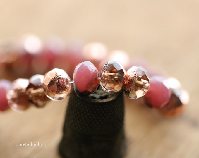 back in stock .. COPPERED PEACHY PINKS .. 25 Etched Czech Glass Faceted Rondelle Beads 8x6mm (9608-st) .. jewelry supplies
