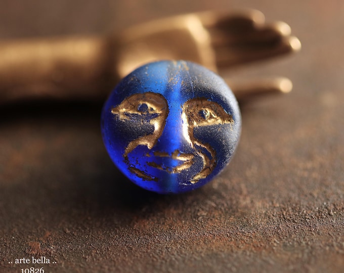 GOLDEN COBALT MOONS .. 6 Premium Matte Czech Glass Moon Face Beads 13mm (10826-6) .. jewelry supplies