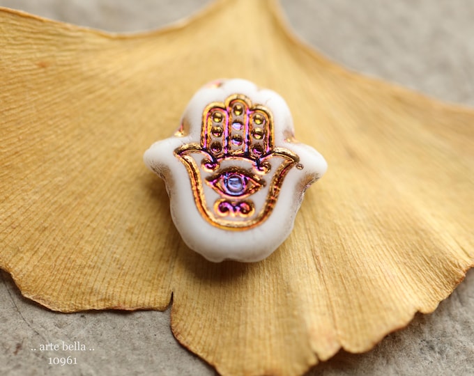 MYSTIC WHITE HAMSA Hand .. New 10 Premium Matte Czech Glass Hamsa Beads 15x10mm (10961-st) .. jewelry supplies