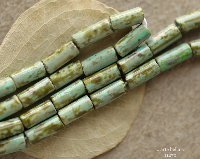 New .. MOSSY TURQUOISE BUGLES .. 20" Premium Picasso Czech Glass Bugle Bead Mix Size 9x4mm (112670-st) .. jewelry supplies