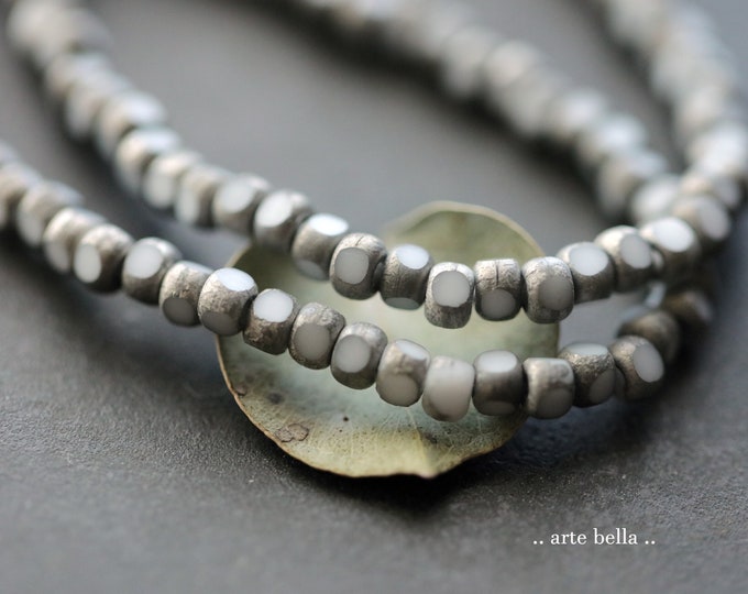 WHITE PEWTER SEEDS .. 50 Premium Etched Czech Glass Trica Seed Bead Size 6/0 (9667-st) .. jewelry supplies
