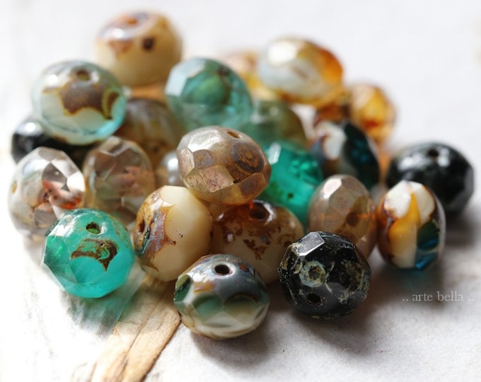 OCEANSIDE .. 25 Premium Picasso Czech Glass Faceted Rondelle Bead Mix 6x8-9mm (4500-st) .. jewelry supplies