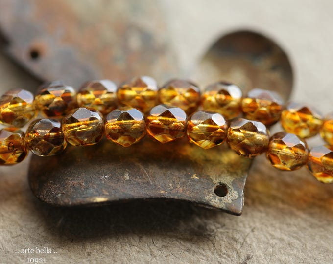 premium glass beads .. SPECKLED AMBER PEBBLES .. 25 Picasso Czech Glass Faceted Round Beads 6mm (10921-st) .. jewelry supplies