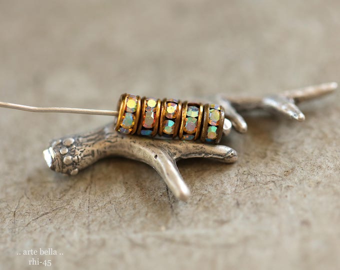 NEW .. 12 Premium Czech 4.5mm Antique Brass Metal AB Crystal Rhinestone Rondelles (rhi-45/12) .. jewelry making supplies
