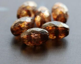 ACEITUNAS DORADAS DE CAFÉ .. 12 cuentas ovaladas facetadas de vidrio checo Picasso grabadas de 12 x 8 mm (8580-st) .. suministros para joyería