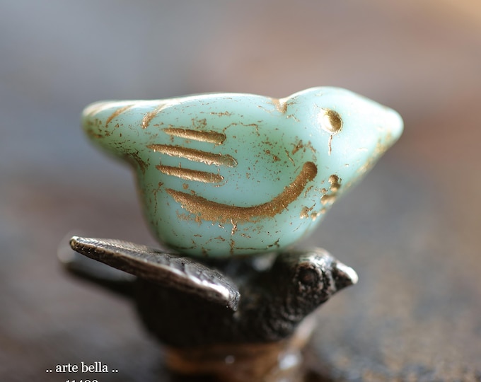 New .. GOLDEN MINT CHIRPS .. 6 Premium Czech Glass Bird Beads 11x22mm (11403-st) .. jewelry supplies