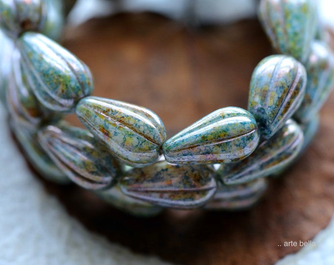 LUSTER BLUE MELON Drops .. 10 Premium Picasso Czech Glass Melon Drop Beads 13x8mm (9017-st) .. jewelry supplies