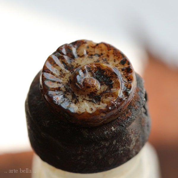 TOASTED IVORY FOSSIL .. 4 Premium Picasso Czech Glass Spiral Fossil Beads 18mm (8440-4)