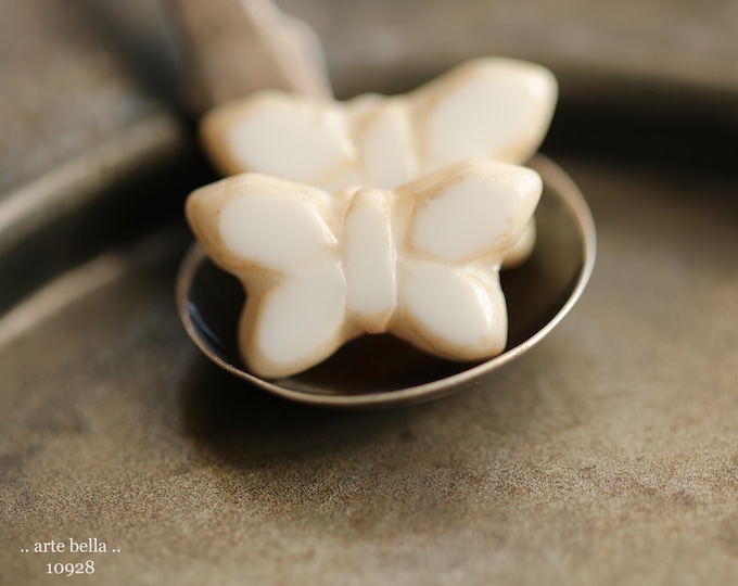EARTHY WHITE FLUTTERS No. 2 .. New 4 Premium Picasso Czech Glass Butterfly Beads 19x11mm (10928-4) .. jewelry supplies
