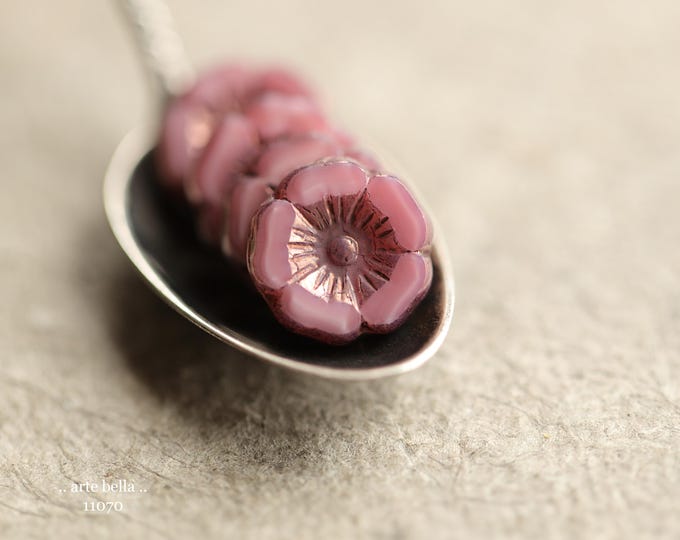 BRONZED PINK BLOOMS .. New 6 Premium Czech Glass Hibiscus Flower Beads 12mm (11070-6) .. jewelry supplies